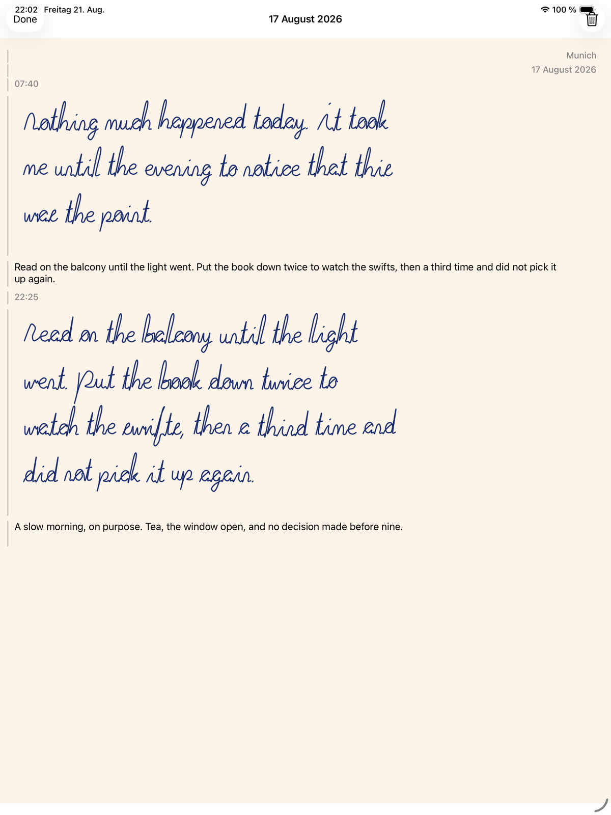 A day in Mokuso on the iPad: handwriting, a timestamp, and a typed note on one page
